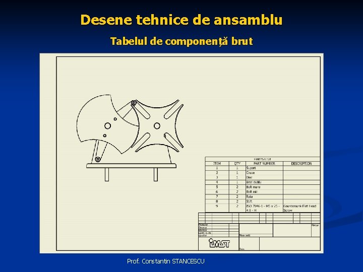 Desene tehnice de ansamblu Tabelul de componență brut Prof. Constantin STANCESCU 