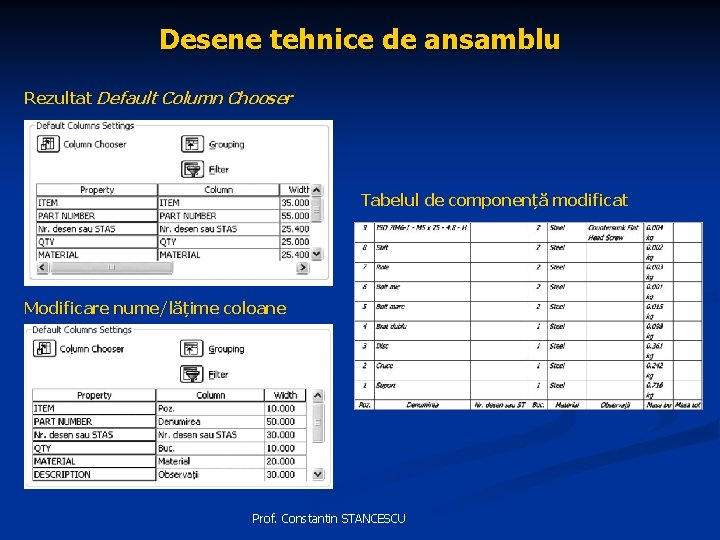 Desene tehnice de ansamblu Rezultat Default Column Chooser Tabelul de componență modificat Modificare nume/lățime