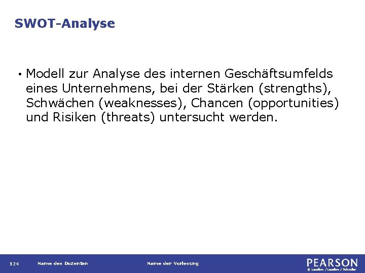 SWOT-Analyse • 124 Modell zur Analyse des internen Geschäftsumfelds eines Unternehmens, bei der Stärken