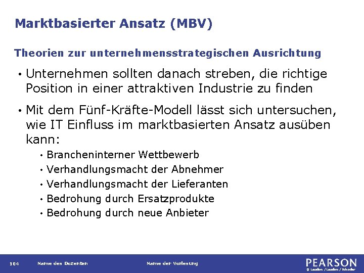 Marktbasierter Ansatz (MBV) Theorien zur unternehmensstrategischen Ausrichtung • Unternehmen sollten danach streben, die richtige
