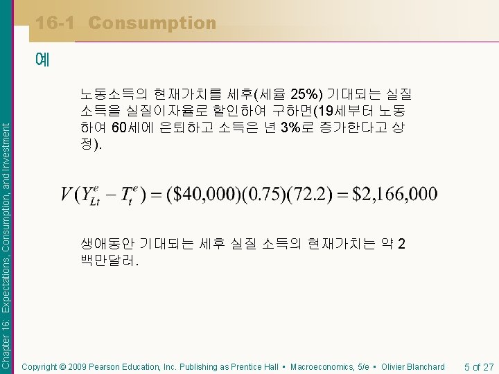 16 -1 Consumption Chapter 16: Expectations, Consumption, and Investment 예 노동소득의 현재가치를 세후(세율 25%)