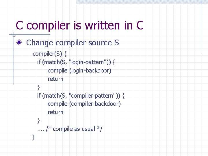 C compiler is written in C Change compiler source S compiler(S) { if (match(S,