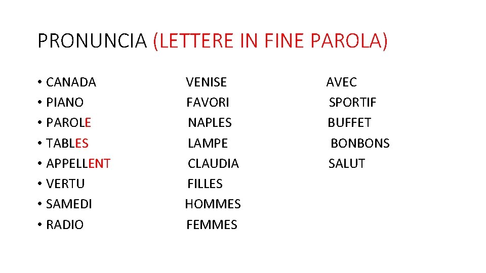 PRONUNCIA (LETTERE IN FINE PAROLA) • CANADA • PIANO • PAROLE • TABLES •