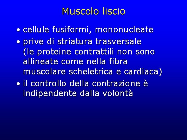 Muscolo liscio • cellule fusiformi, mononucleate • prive di striatura trasversale (le proteine contrattili