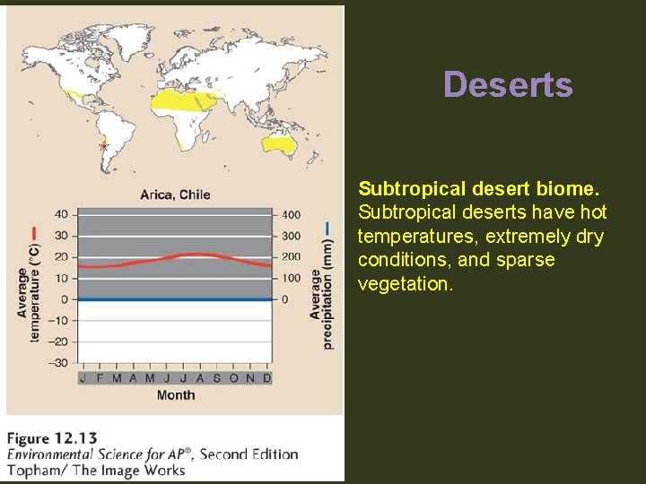 Deserts Subtropical desert biome. Subtropical deserts have hot temperatures, extremely dry conditions, and sparse