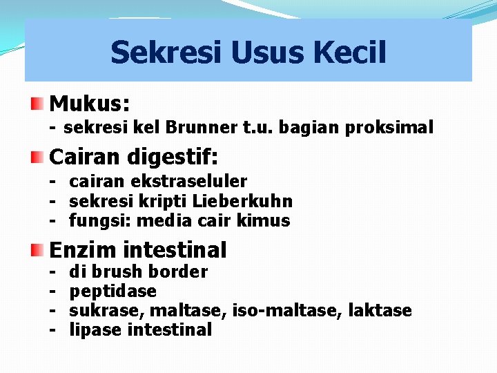 Sekresi Usus Kecil Mukus: - sekresi kel Brunner t. u. bagian proksimal Cairan digestif: