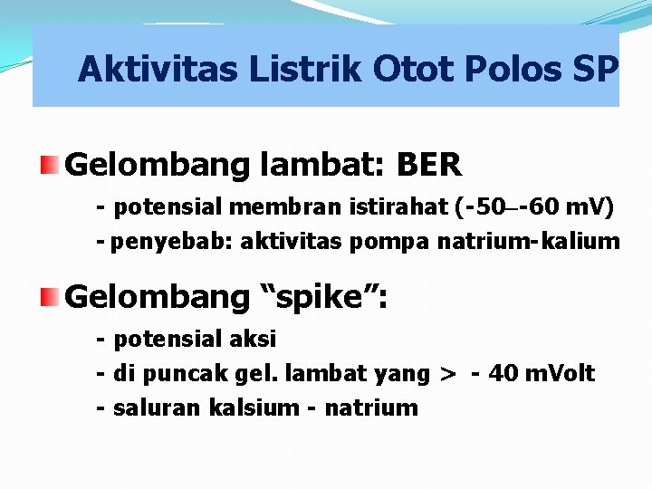 Aktivitas Listrik Otot Polos SP Gelombang lambat: BER - potensial membran istirahat (-50 -60