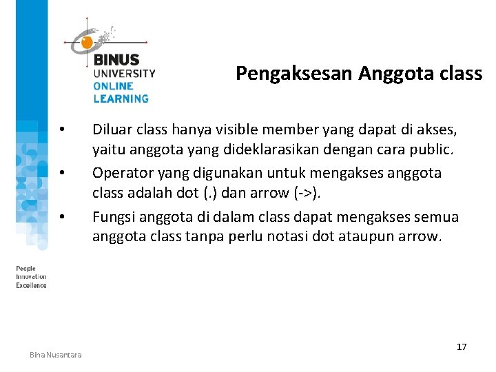 Pengaksesan Anggota class • • • Bina Nusantara Diluar class hanya visible member yang