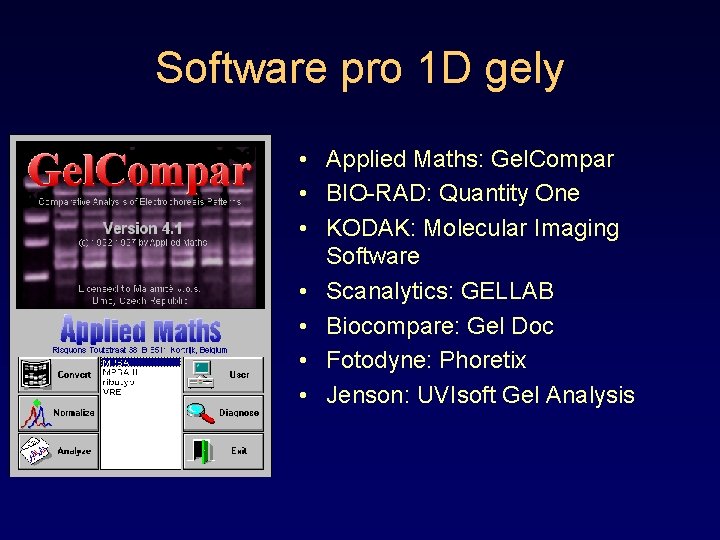 Software pro 1 D gely • Applied Maths: Gel. Compar • BIO-RAD: Quantity One