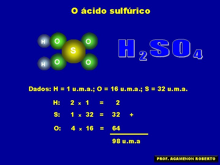 O ácido sulfúrico H O O S H O O Dados: H = 1