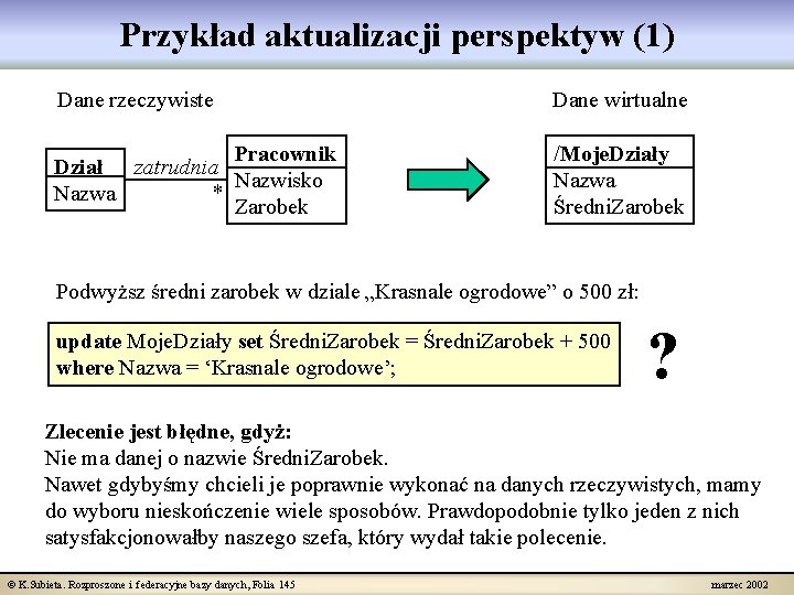 Przykład aktualizacji perspektyw (1) Dane rzeczywiste Dane wirtualne Pracownik Dział zatrudnia Nazwisko * Nazwa