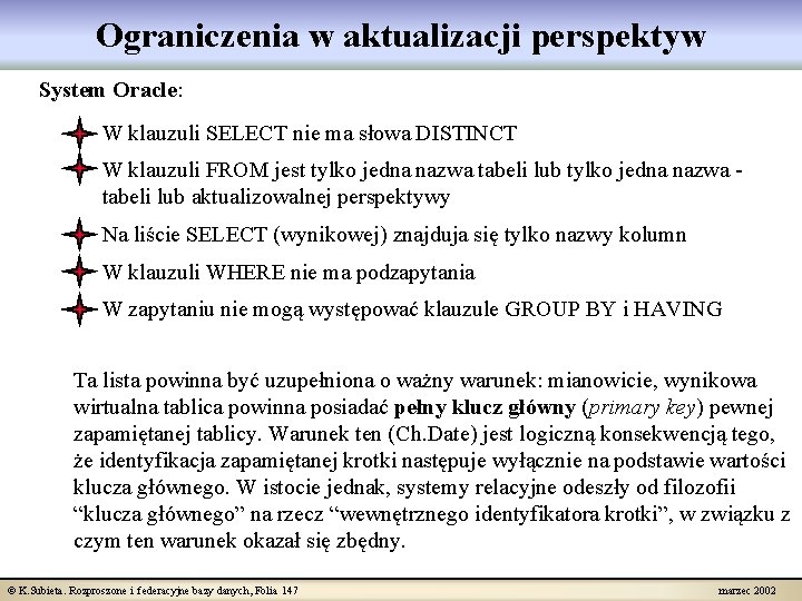 Ograniczenia w aktualizacji perspektyw System Oracle: W klauzuli SELECT nie ma słowa DISTINCT W