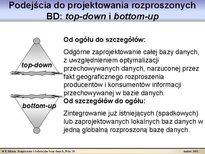 Podejścia do projektowania rozproszonych BD: top-down i bottom-up Od ogółu do szczegółów: top-down bottom-up