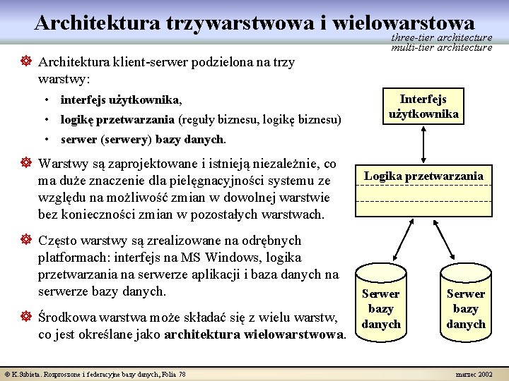 Architektura trzywarstwowa i wielowarstowa ] Architektura klient-serwer podzielona na trzy warstwy: • interfejs użytkownika,