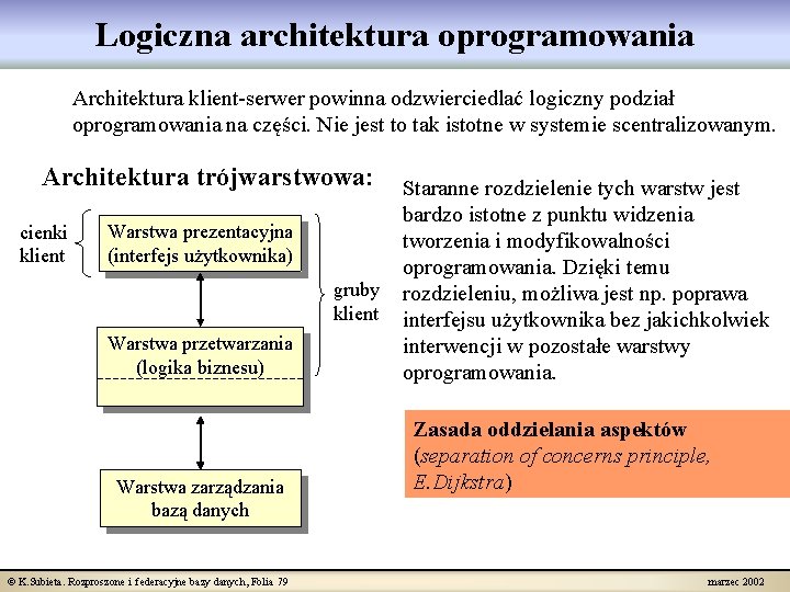 Logiczna architektura oprogramowania Architektura klient-serwer powinna odzwierciedlać logiczny podział oprogramowania na części. Nie jest