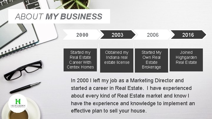 ABOUT MY BUSINESS 2000 Started my Real Estate Career With Centex Homes 2003 Obtained
