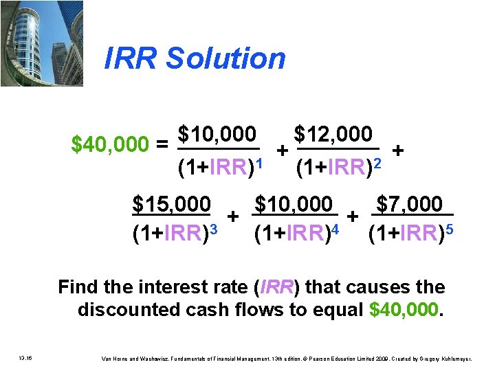 IRR Solution $10, 000 $12, 000 $40, 000 = + + (1+IRR)1 (1+IRR)2 $15,