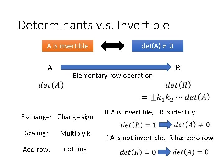 Determinants v. s. Invertible A is invertible A det(A) ≠ 0 Elementary row operation