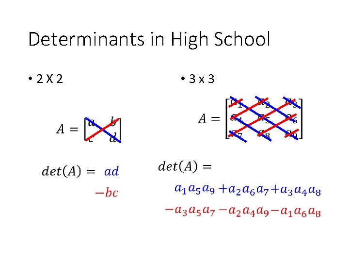 Determinants in High School • 2 X 2 • 3 x 3 