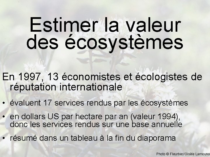Estimer la valeur des écosystèmes En 1997, 13 économistes et écologistes de réputation internationale