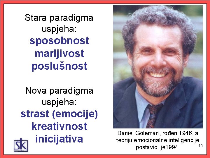 Stara paradigma uspjeha: sposobnost marljivost poslušnost Nova paradigma uspjeha: strast (emocije) kreativnost inicijativa Daniel