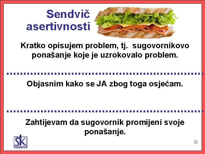 Sendvič asertivnosti Kratko opisujem problem, tj. sugovornikovo ponašanje koje je uzrokovalo problem. Objasnim kako