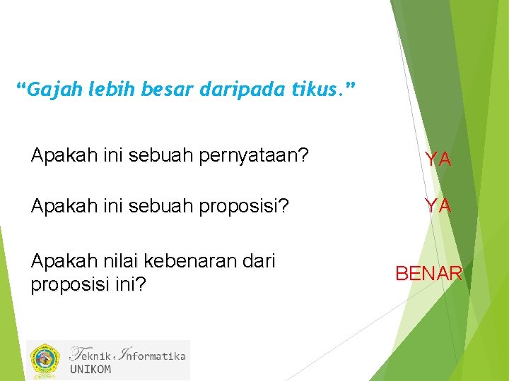 “Gajah lebih besar daripada tikus. ” Apakah ini sebuah pernyataan? YA Apakah ini sebuah