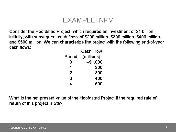 EXAMPLE: NPV Consider the Hoofdstad Project, which requires an investment of $1 billion initially,
