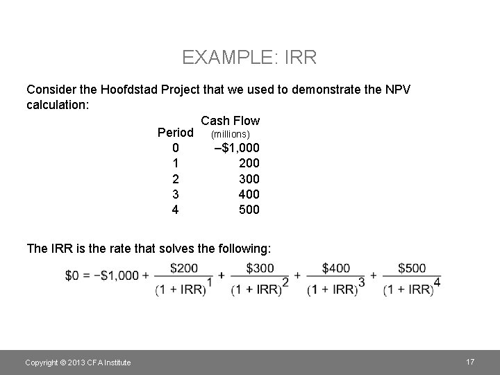 EXAMPLE: IRR Consider the Hoofdstad Project that we used to demonstrate the NPV calculation: