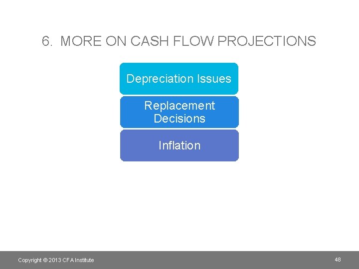 6. MORE ON CASH FLOW PROJECTIONS Depreciation Issues Replacement Decisions Inflation Copyright © 2013