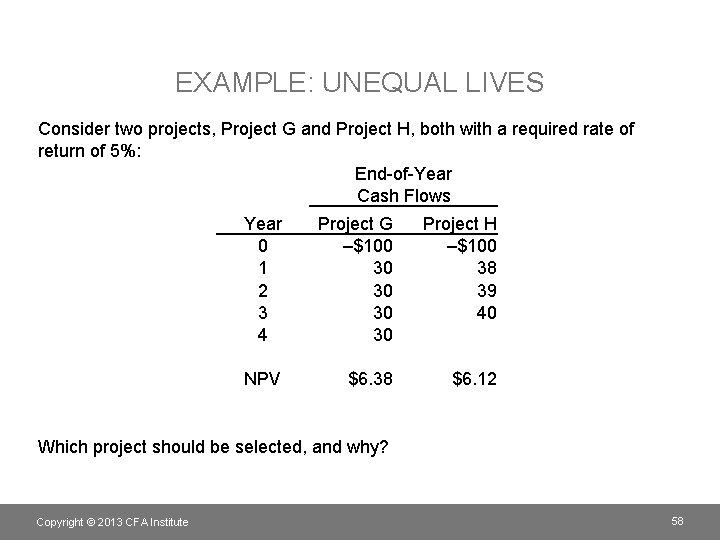 EXAMPLE: UNEQUAL LIVES Consider two projects, Project G and Project H, both with a