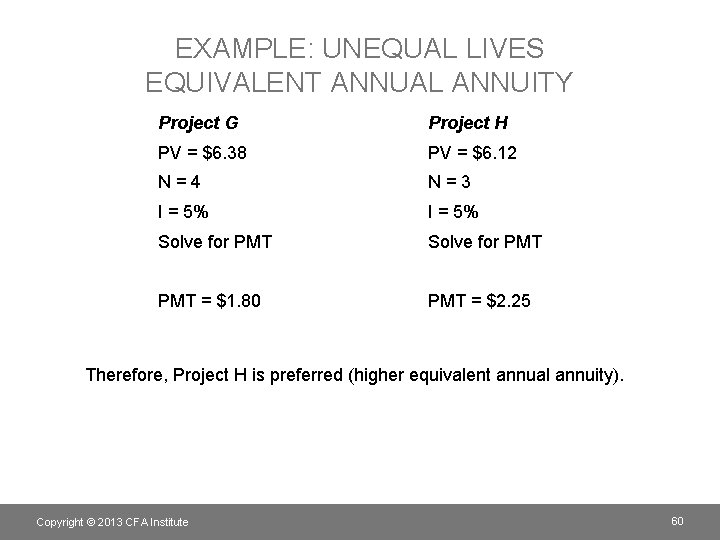 EXAMPLE: UNEQUAL LIVES EQUIVALENT ANNUAL ANNUITY Project G Project H PV = $6. 38