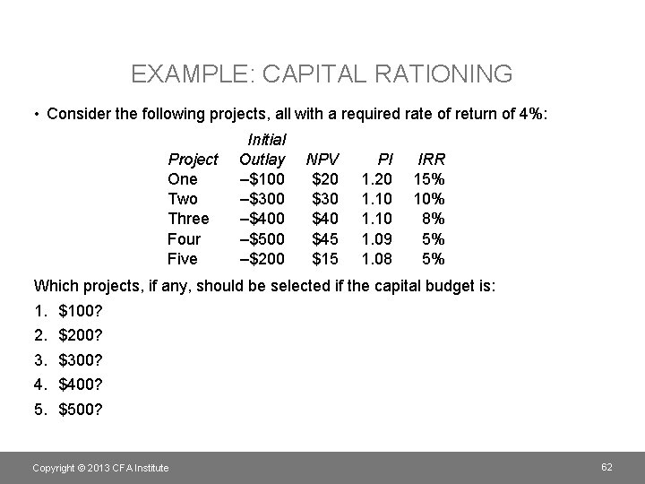 EXAMPLE: CAPITAL RATIONING • Consider the following projects, all with a required rate of