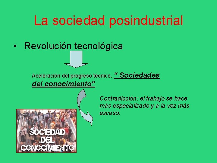 La sociedad posindustrial • Revolución tecnológica Aceleración del progreso técnico. “ Sociedades del conocimiento”