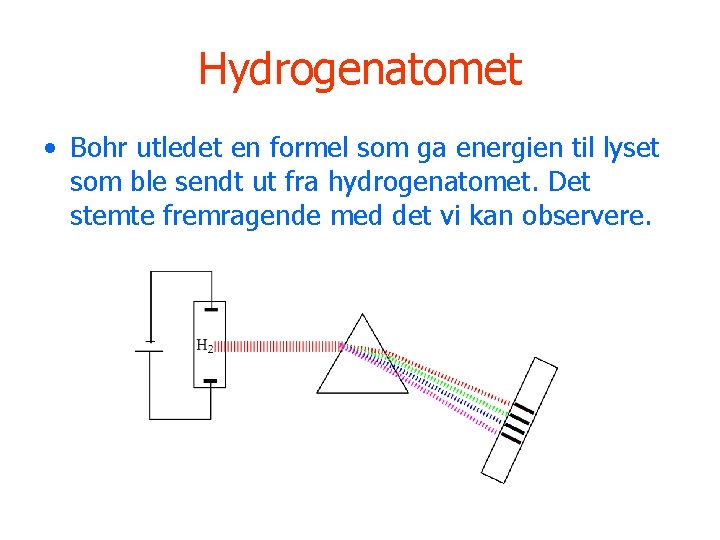Hydrogenatomet • Bohr utledet en formel som ga energien til lyset som ble sendt