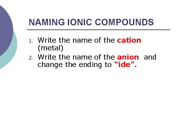 NAMING IONIC COMPOUNDS 1. 2. Write the name of the cation (metal) Write the