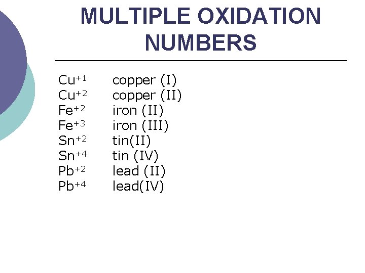 MULTIPLE OXIDATION NUMBERS Cu+1 Cu+2 Fe+3 Sn+2 Sn+4 Pb+2 Pb+4 copper (I) copper (II)
