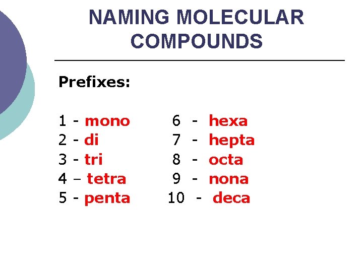 NAMING MOLECULAR COMPOUNDS Prefixes: 1 - mono 2 - di 3 - tri 4