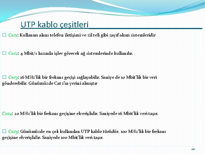 UTP kablo çeşitleri_____________ � Cat 1: Cat 1 Kullanım alanı telefon iletişimi ve zil