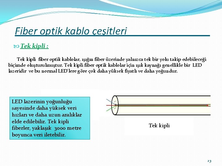 Fiber optik kablo çeşitleri________ Tek kipli : Tek kipli fiber optik kablolar, ışığın fiber