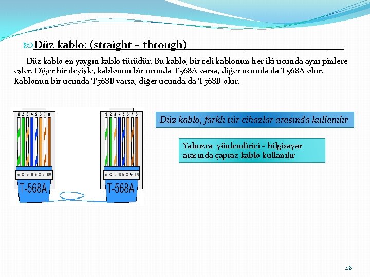  Düz kablo: (straight – through)_____________ Düz kablo en yaygın kablo türüdür. Bu kablo,