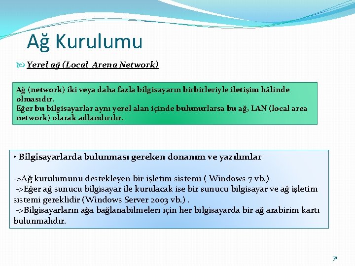 Ağ Kurulumu Yerel ağ (Local Arena Network) Ağ (network) iki veya daha fazla bilgisayarın