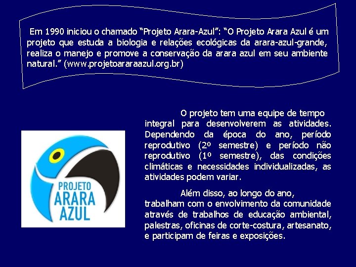 Em 1990 iniciou o chamado “Projeto Arara-Azul”: “O Projeto Arara Azul é um projeto