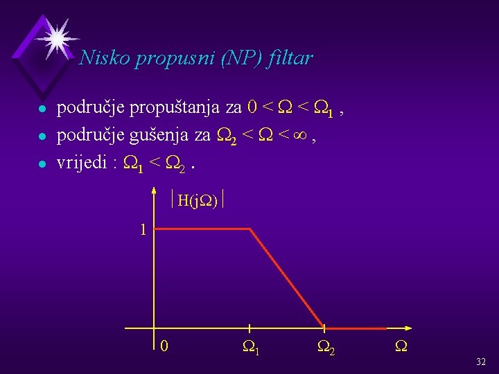 Nisko propusni (NP) filtar l l l područje propuštanja za 0 < W 1