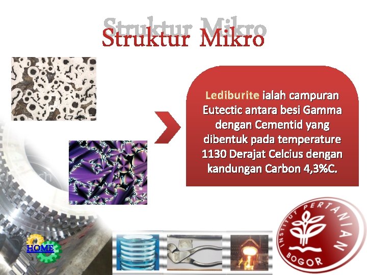 Struktur Mikro Lediburite ialah campuran Eutectic antara besi Gamma dengan Cementid yang dibentuk pada