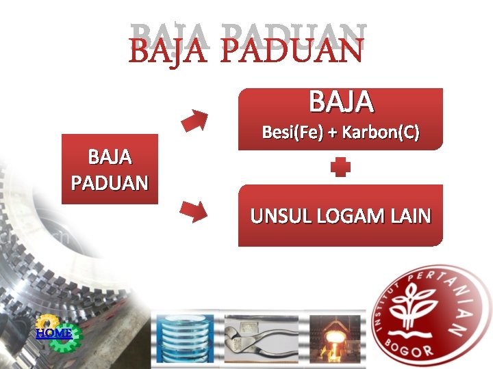 BAJA PADUAN Besi(Fe) + Karbon(C) UNSUL LOGAM LAIN HOME 