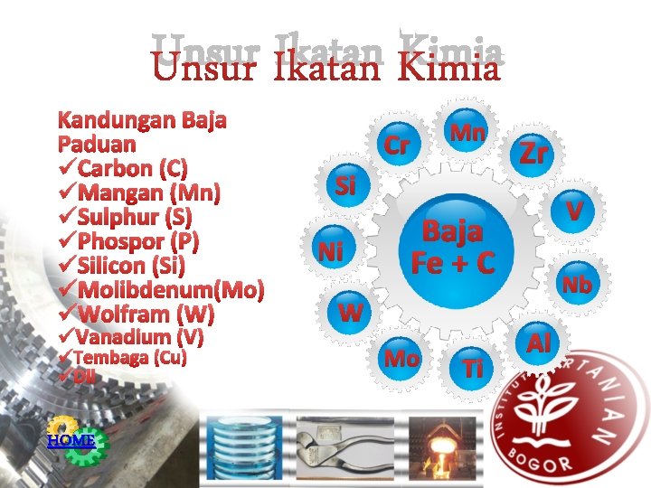 Unsur Ikatan Kimia Kandungan Baja Paduan üCarbon (C) üMangan (Mn) üSulphur (S) üPhospor (P)