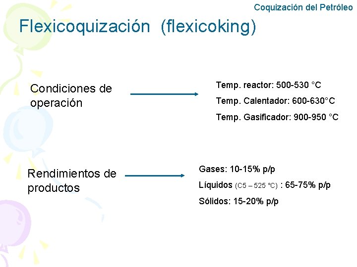 Coquización del Petróleo Flexicoquización (flexicoking) Condiciones de operación Temp. reactor: 500 -530 °C Temp.