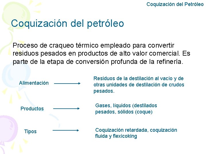 Coquización del Petróleo Coquización del petróleo Proceso de craqueo térmico empleado para convertir residuos