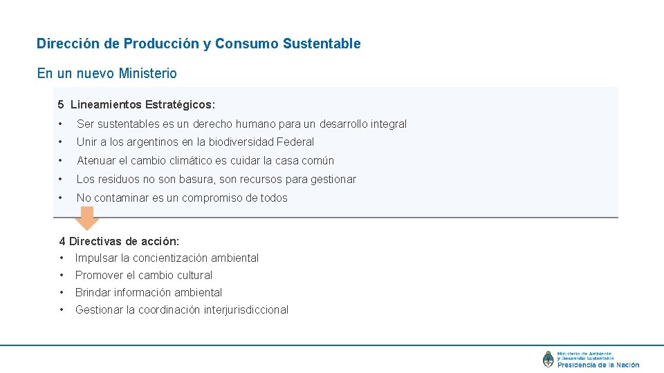 Dirección de Producción y Consumo Sustentable En un nuevo Ministerio 5 Lineamientos Estratégicos: •